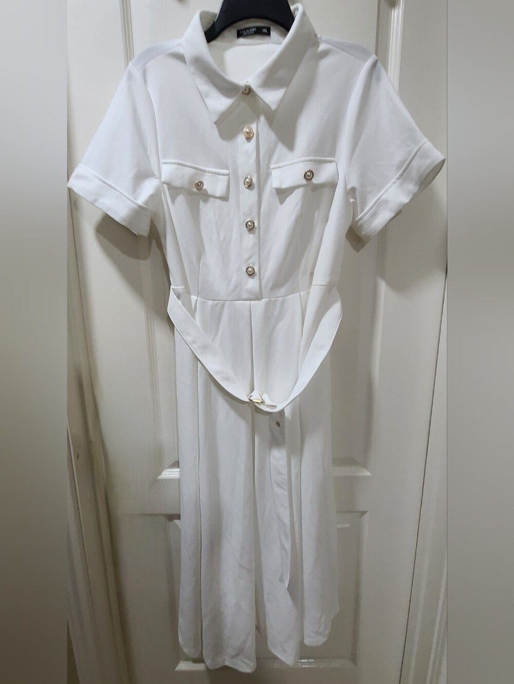 SHEIN Curve White Short-Sleeve Button-Up Shirt Dress